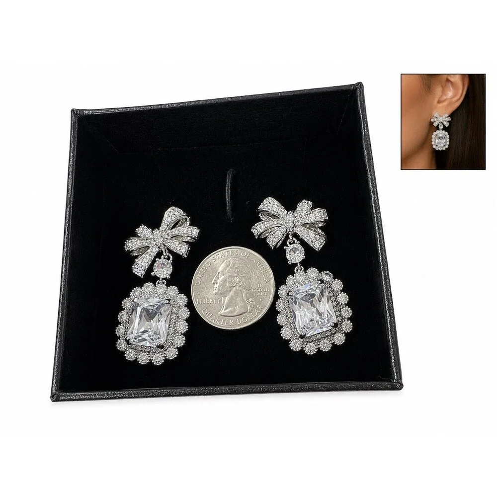 Gold Bow Drop Dangle Earrings CZ Halo Cut Crystal Bridal Statement sparkly bling